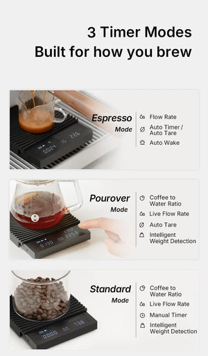 Sort kaffevægt med flere timertilstande og præcision til espresso og brygning, barista-tilbehør, alt om kaffe.