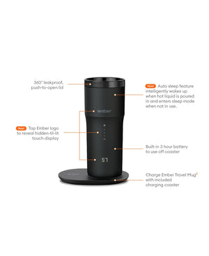 Elektrisk kaffetermokop sort V2 - 355 ml med touchdisplay og opladningsplade i sort, elegant design.