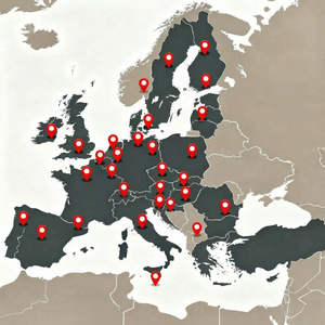 Kort over Europa med røde markører, der viser udvalgte steder i flere europæiske lande.